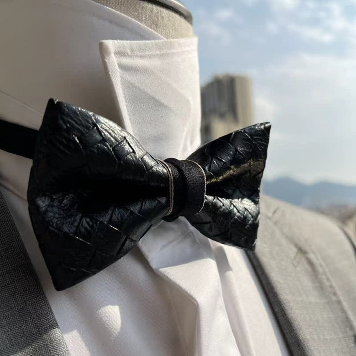 Men's Weave Pattern Design Black Leather Bow Tie - image 1