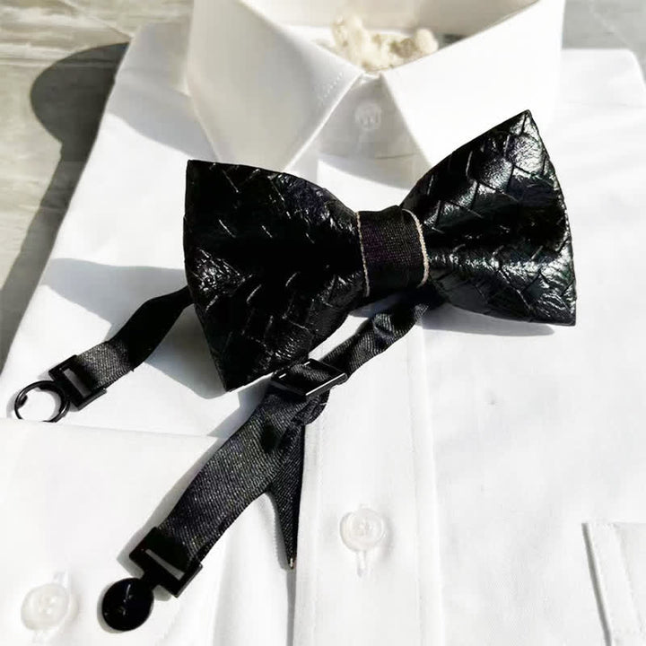 Men's Weave Pattern Design Black Leather Bow Tie - Black - image 0