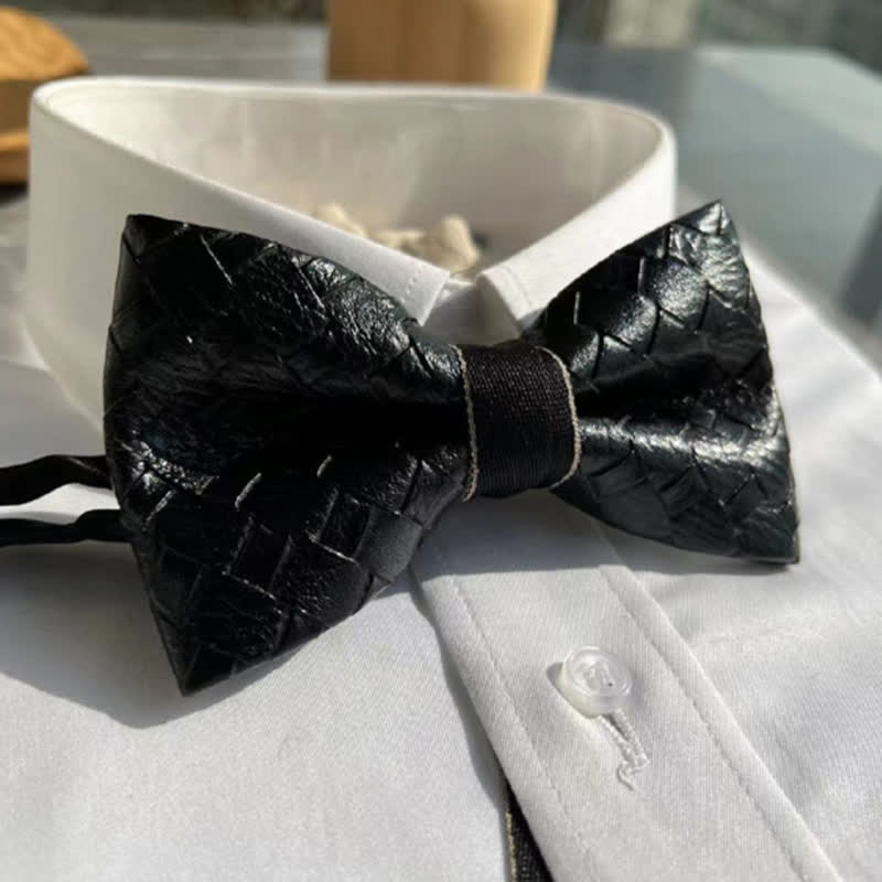 Men's Weave Pattern Design Black Leather Bow Tie - image 4