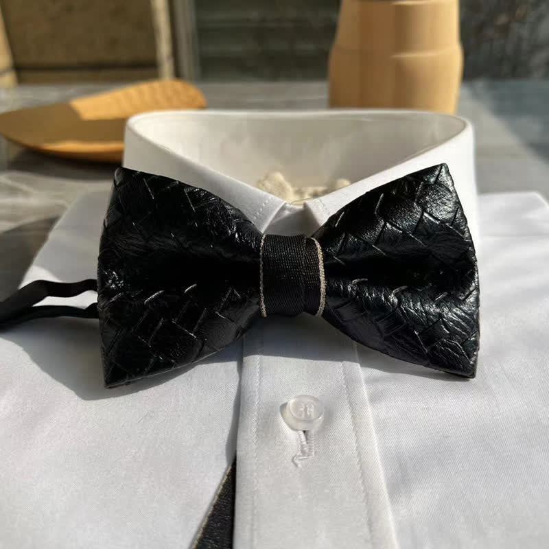 Men's Weave Pattern Design Black Leather Bow Tie - image 3