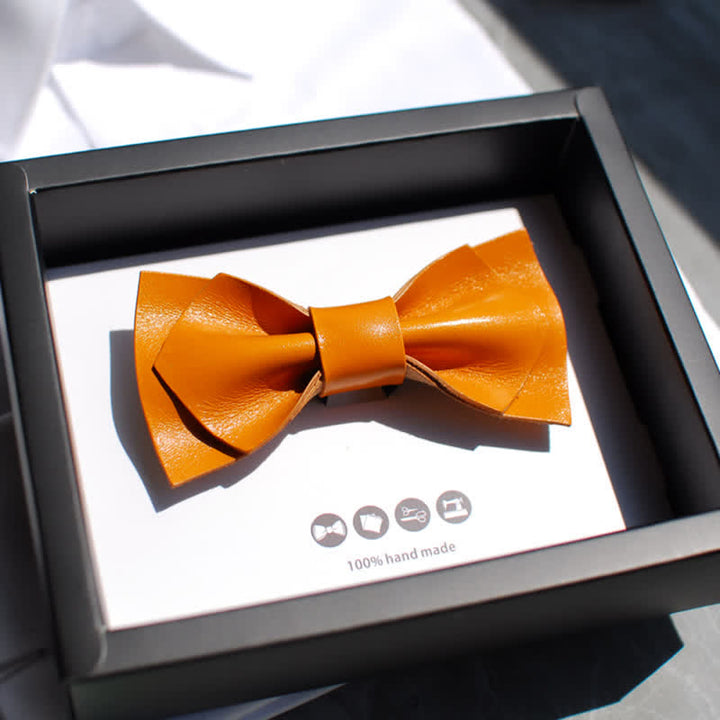 Men's Bright Double Layered Tanned Leather Bow Tie - Yellow - image 2