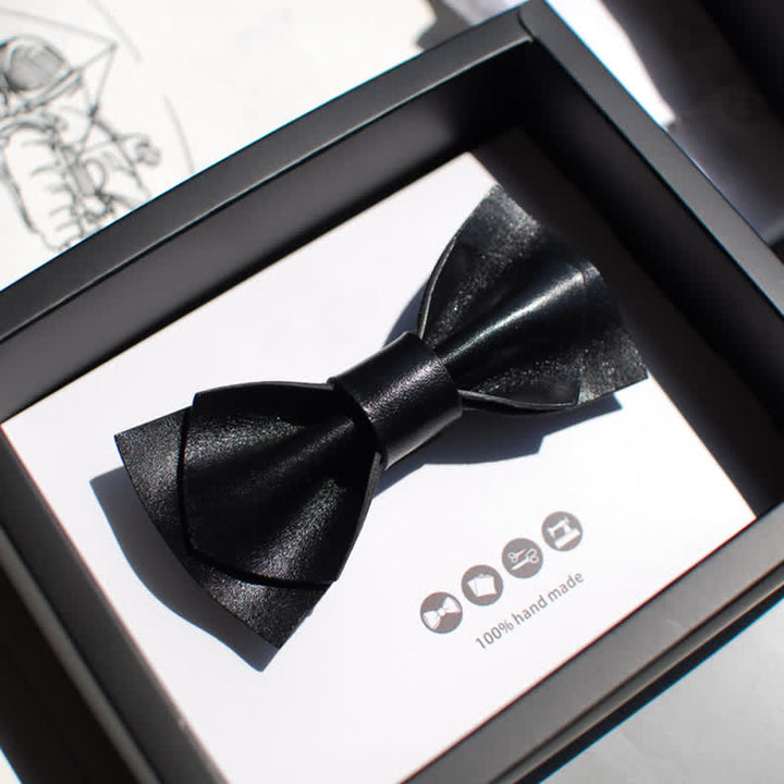 Men's Bright Double Layered Tanned Leather Bow Tie - Black - image 4