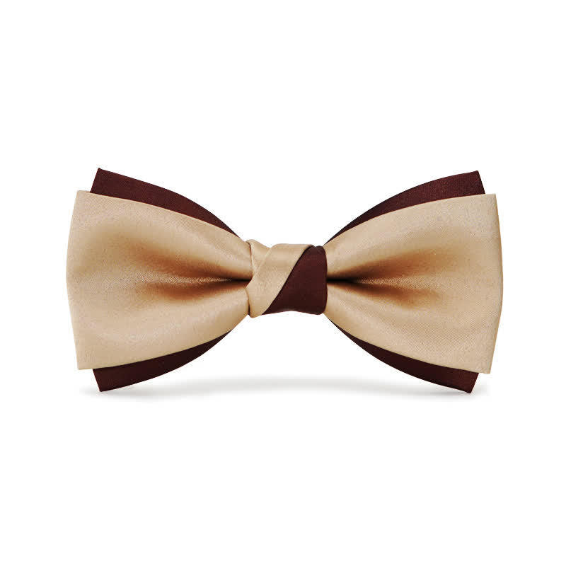 Men's Luxury Brown & Champagne Double Layered Bow Tie - Champagne - image 4