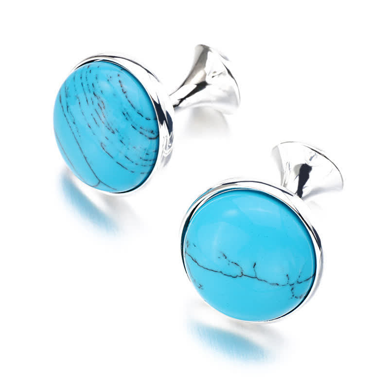 Men's Round Turquoise Blue Gemstone Cufflinks - Silver - image 3