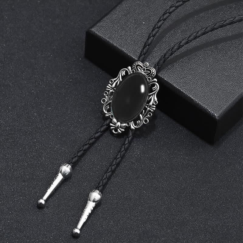 Vintage Crown Acrylic Opal Oval Bolo Tie - Black - image 1