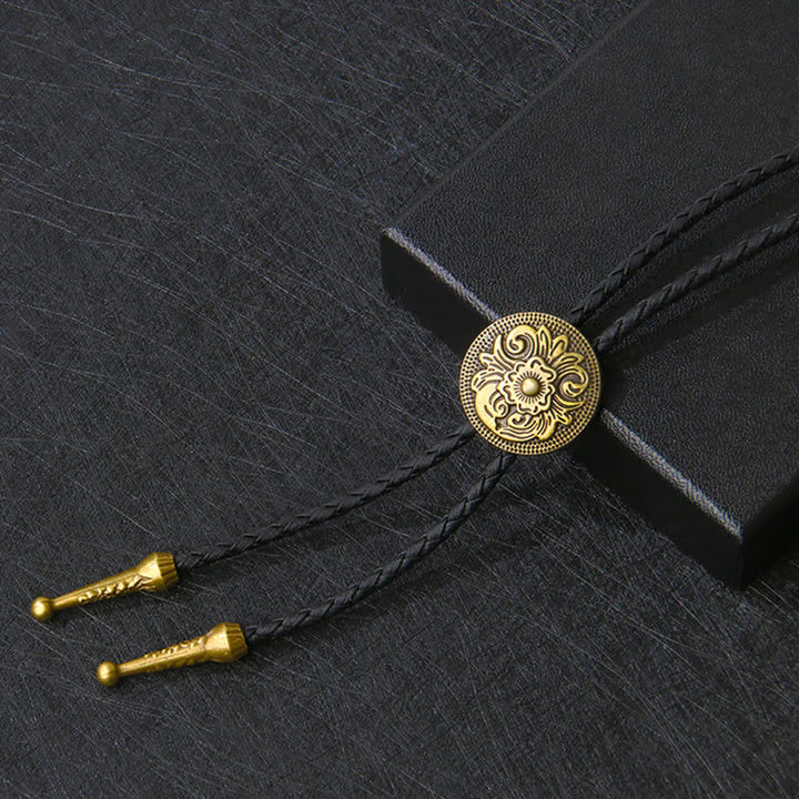 Classic Trendy Round Carved Flower Bolo Tie - Antique Brown - image 1