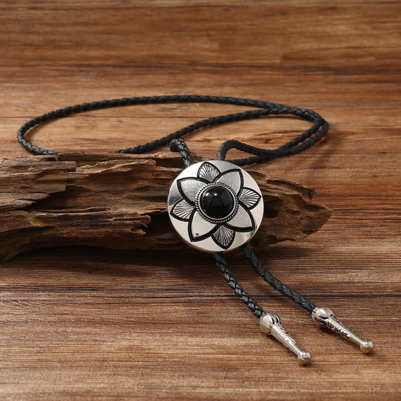 Oval Carved Petal Black Turquoise Stone Bolo Tie - image 2