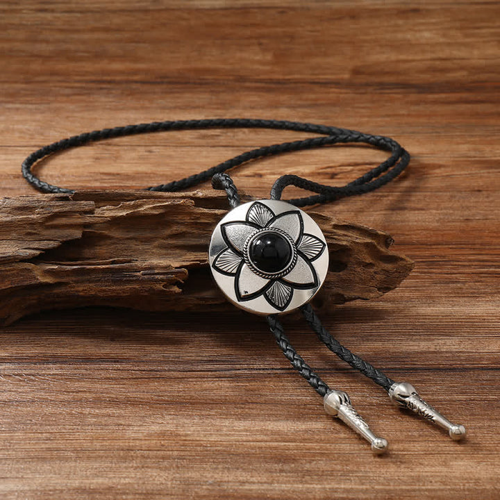 Oval Carved Petal Black Turquoise Stone Bolo Tie - image 2