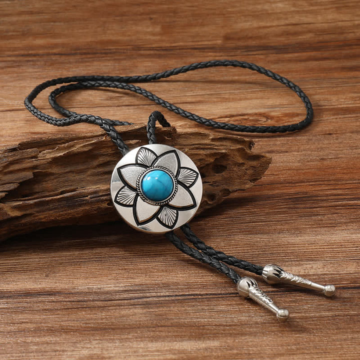 Oval Carved Petal Black Turquoise Stone Bolo Tie - image 7