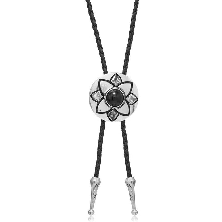 Oval Carved Petal Black Turquoise Stone Bolo Tie - image 4