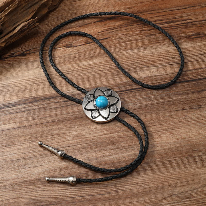 Oval Carved Petal Black Turquoise Stone Bolo Tie - image 6