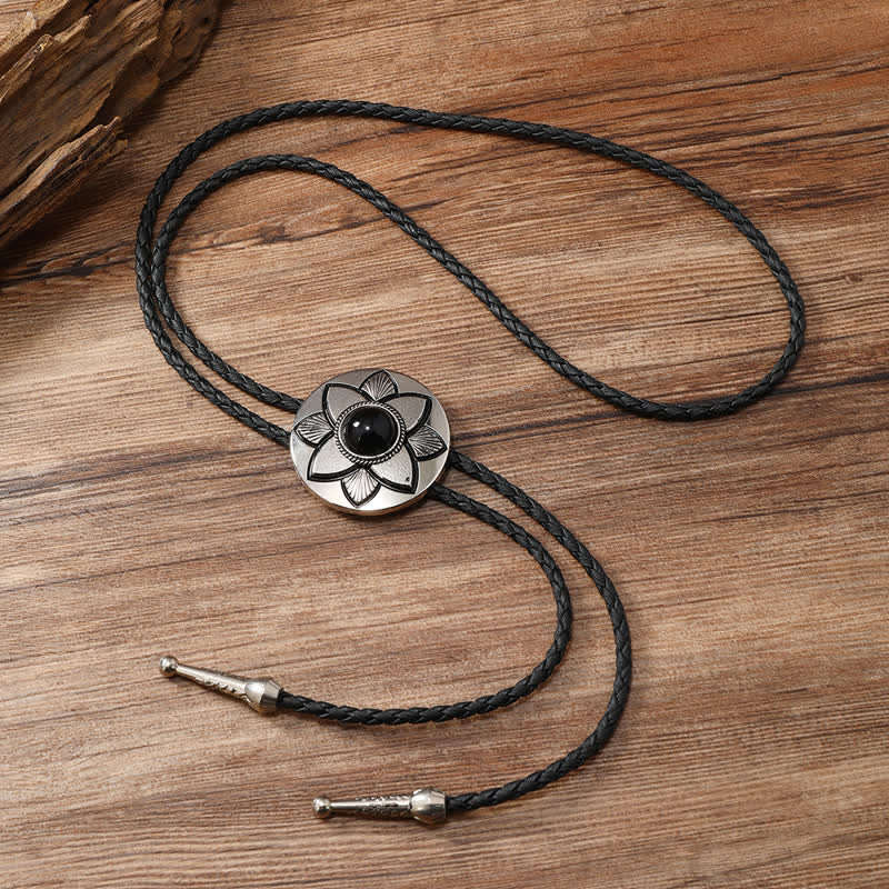 Oval Carved Petal Black Turquoise Stone Bolo Tie - image 3