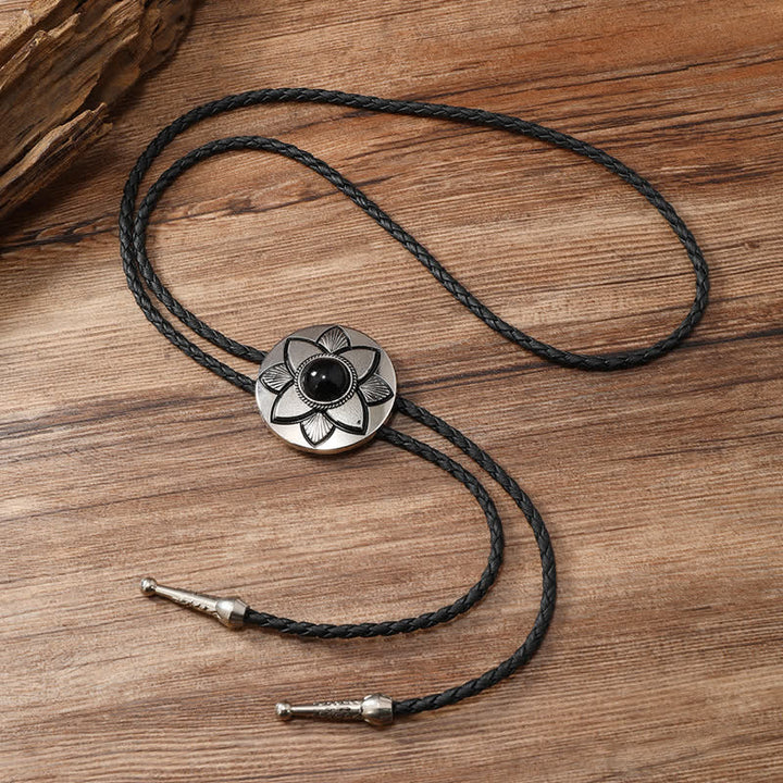 Oval Carved Petal Black Turquoise Stone Bolo Tie - image 3
