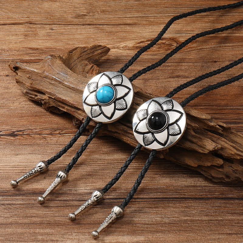 Oval Carved Petal Black Turquoise Stone Bolo Tie - image 1