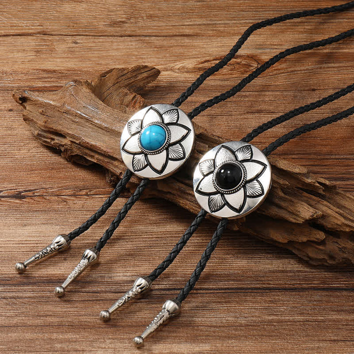 Oval Carved Petal Black Turquoise Stone Bolo Tie - image 1