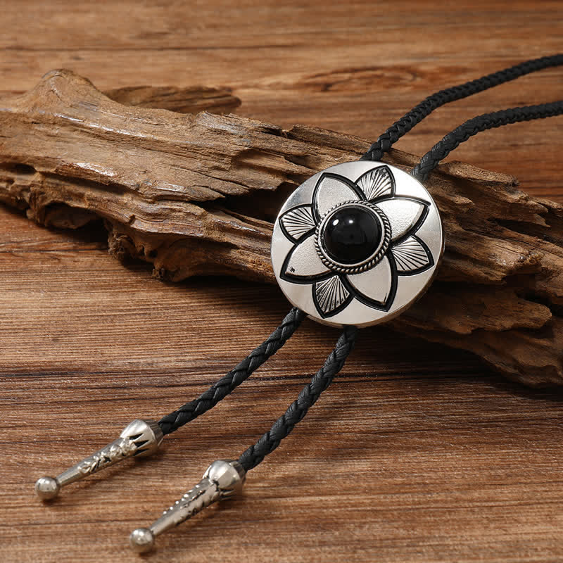 Oval Carved Petal Black Turquoise Stone Bolo Tie - Black - image 0