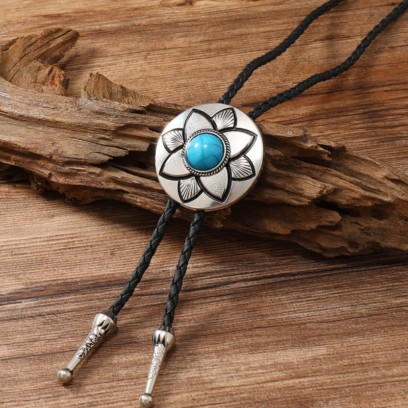 Oval Carved Petal Black Turquoise Stone Bolo Tie - Turquoise - image 5