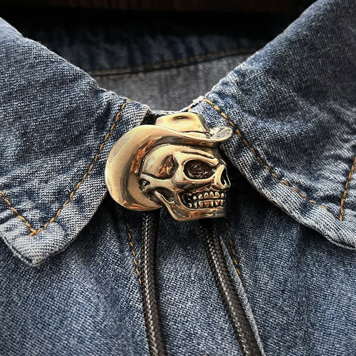 Bronze Skull With Cowboy Hat Bolo Tie - image 4
