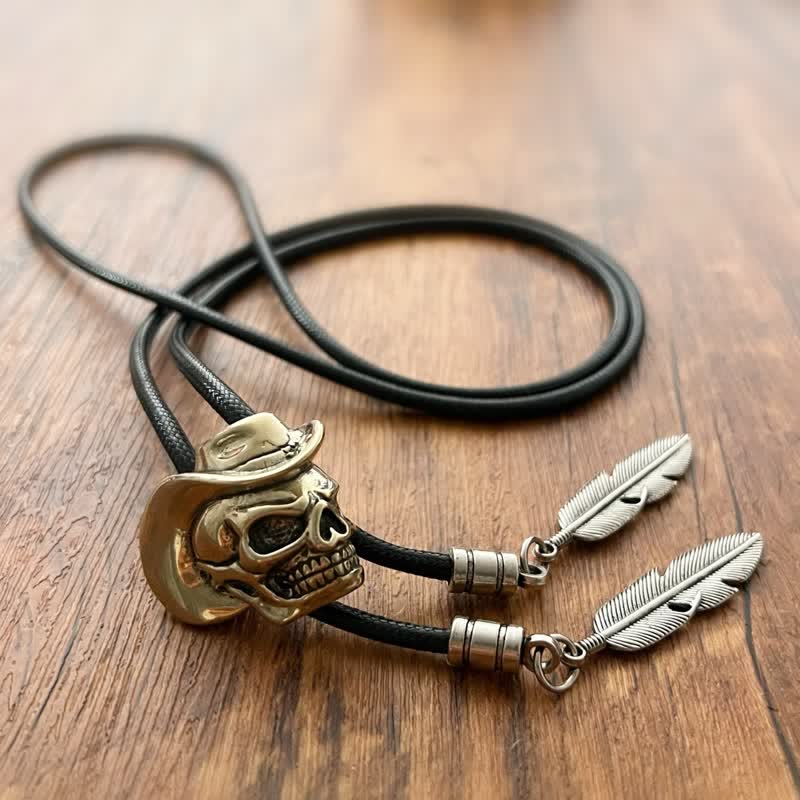 Bronze Skull With Cowboy Hat Bolo Tie - image 2