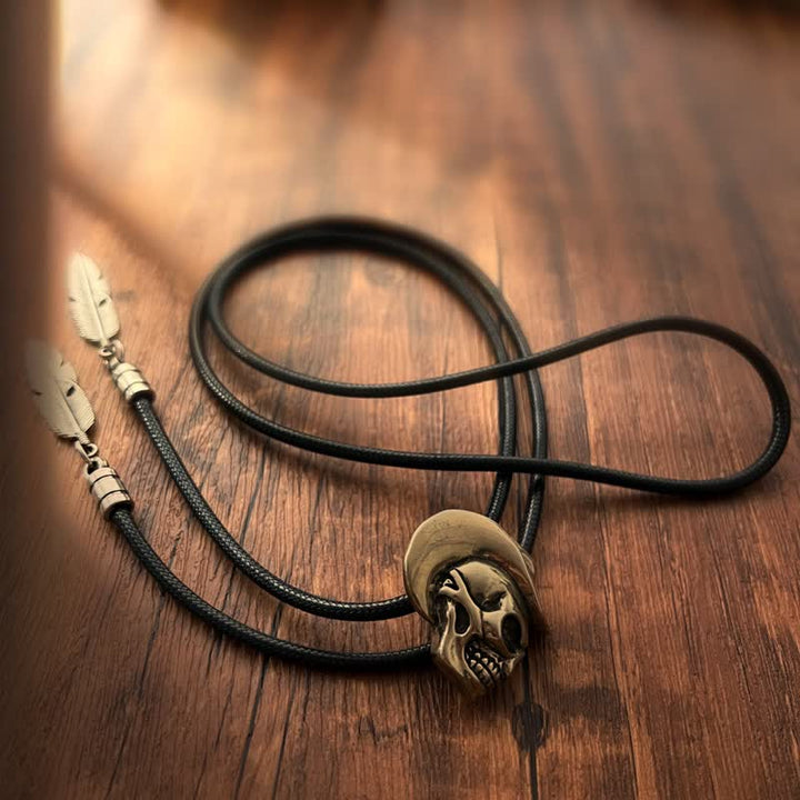 Bronze Skull With Cowboy Hat Bolo Tie - image 3