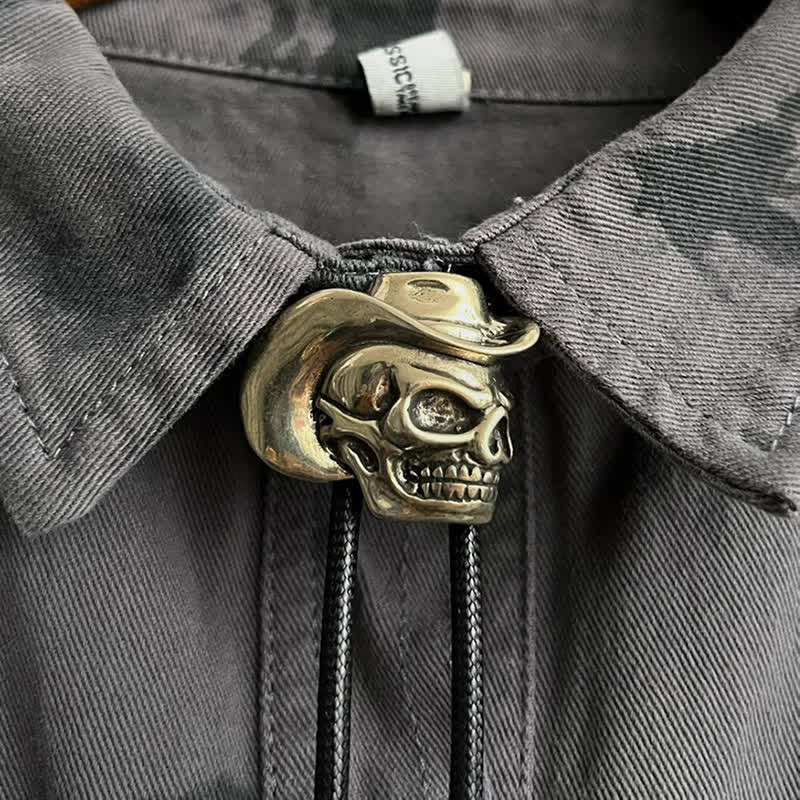 Bronze Skull With Cowboy Hat Bolo Tie - image 1