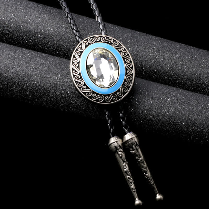 Western Style Middle Inlay Crystal Bolo Tie - Antique Silver / White - image 11