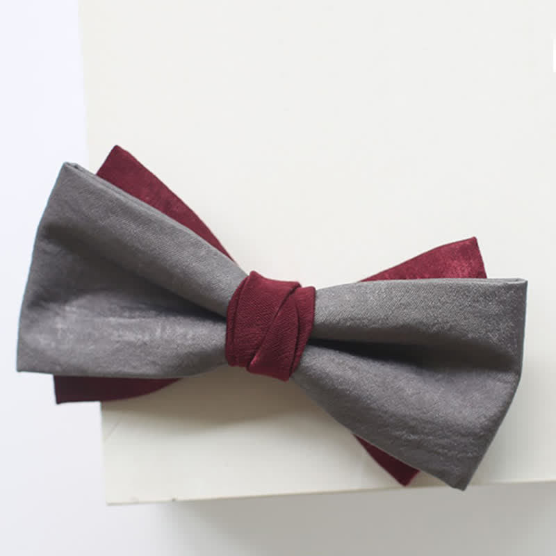 Men's Burgundy & Gray Double Layered Bow Tie - image 5