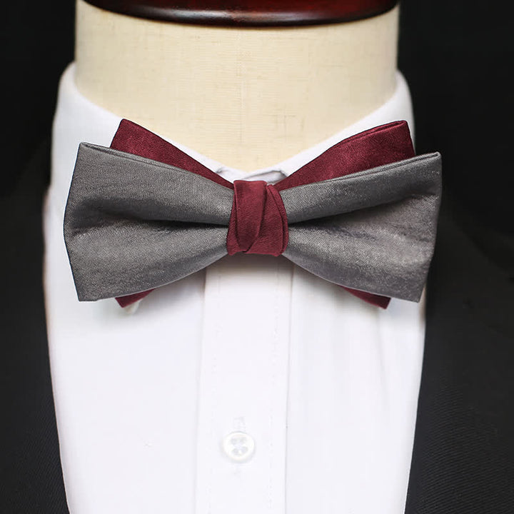 Men's Burgundy & Gray Double Layered Bow Tie - Style #2 - image 4