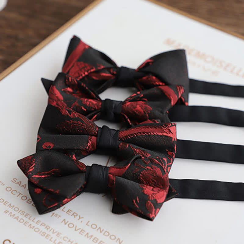 Men's Red Floral Pattern Black Bow Tie - image 1