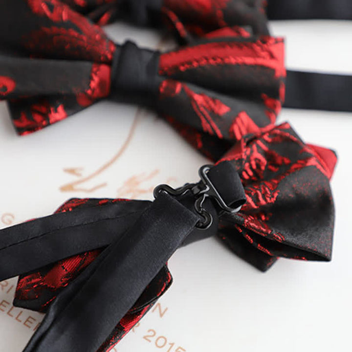 Men's Red Floral Pattern Black Bow Tie - image 3