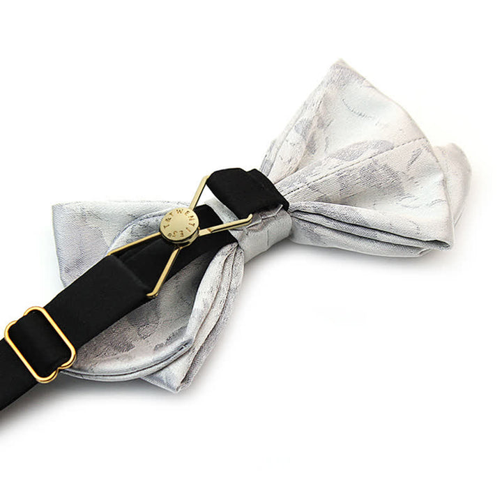 Men's Elegant Gray White Pure Silk Bow Tie - image 4