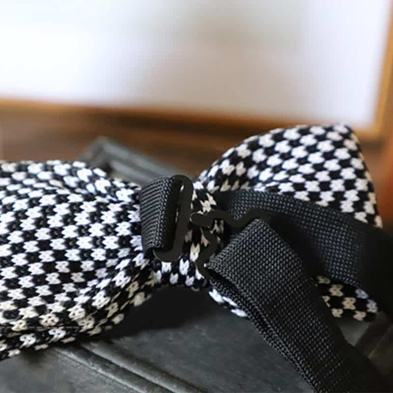 Men's Black & White Checkerboard Stripes Bow Tie - image 4