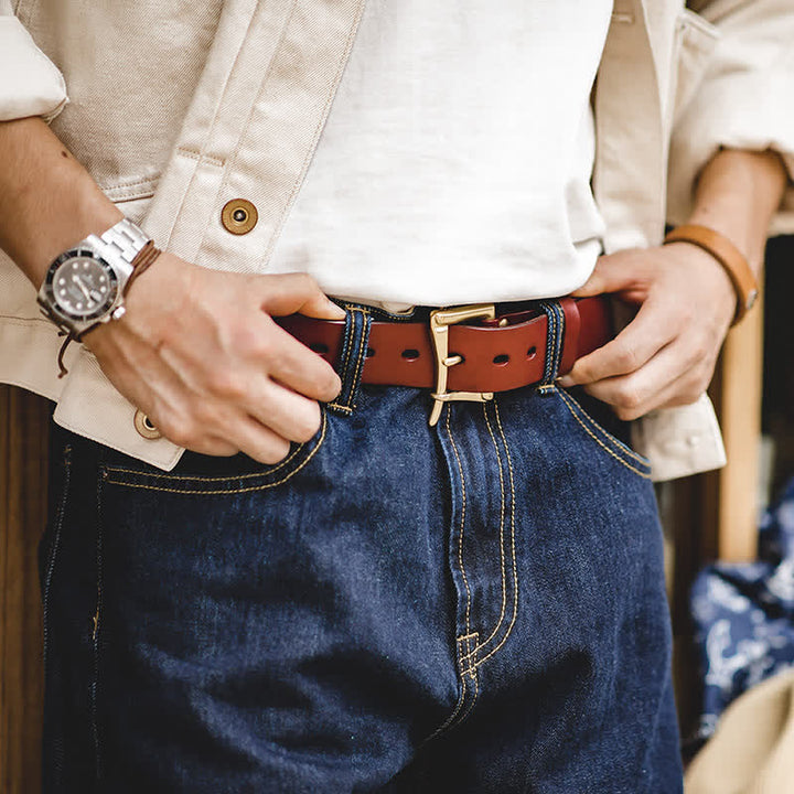 Men's Luxury Style Brass Buckle Leather Belt - image 0