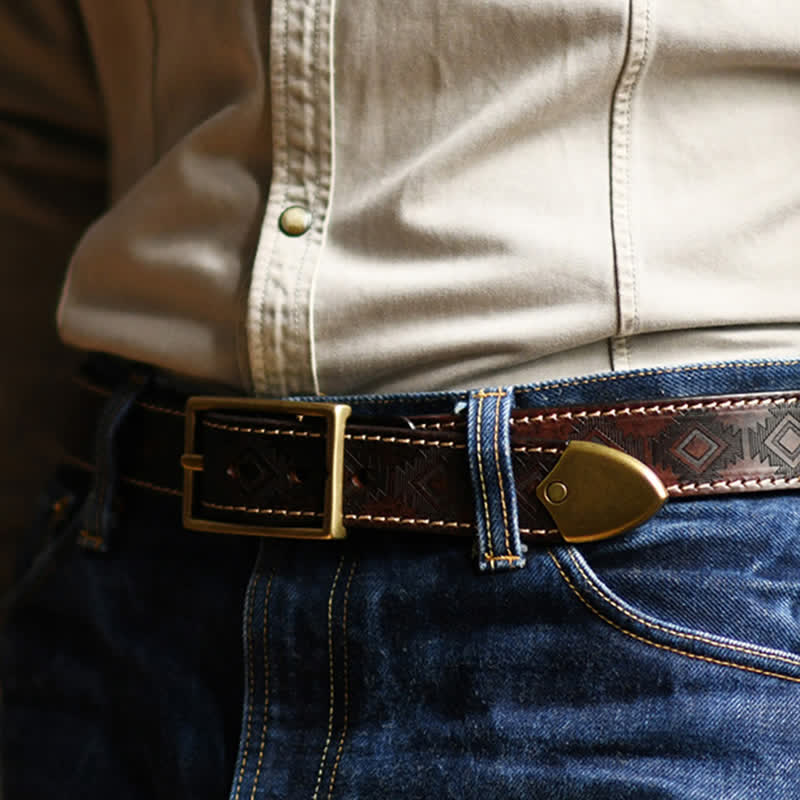 Men's Western Geometric Pattern Leather Belt - image 3