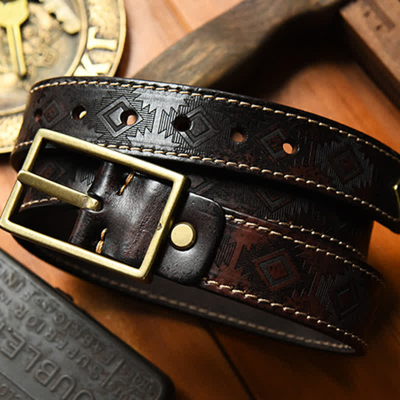 Men's Western Geometric Pattern Leather Belt - image 6