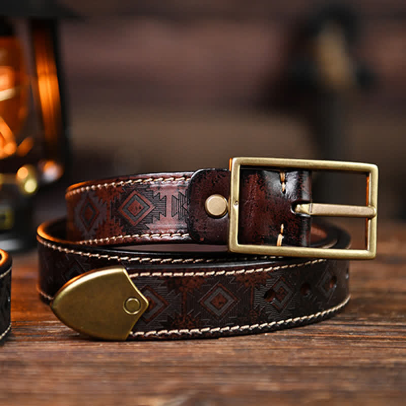 Men's Western Geometric Pattern Leather Belt - image 1