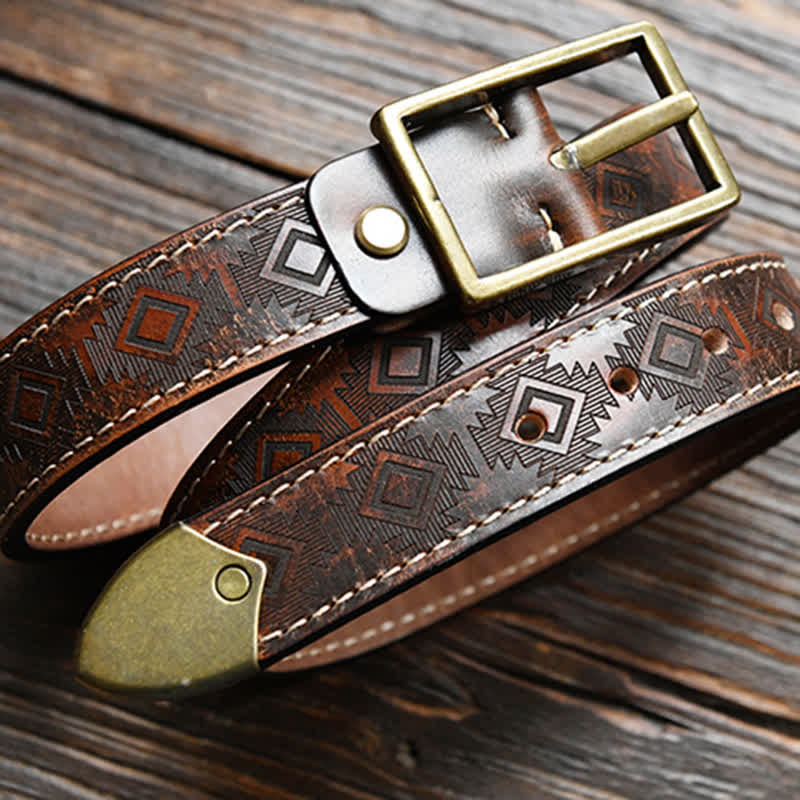 Men's Western Geometric Pattern Leather Belt - image 11