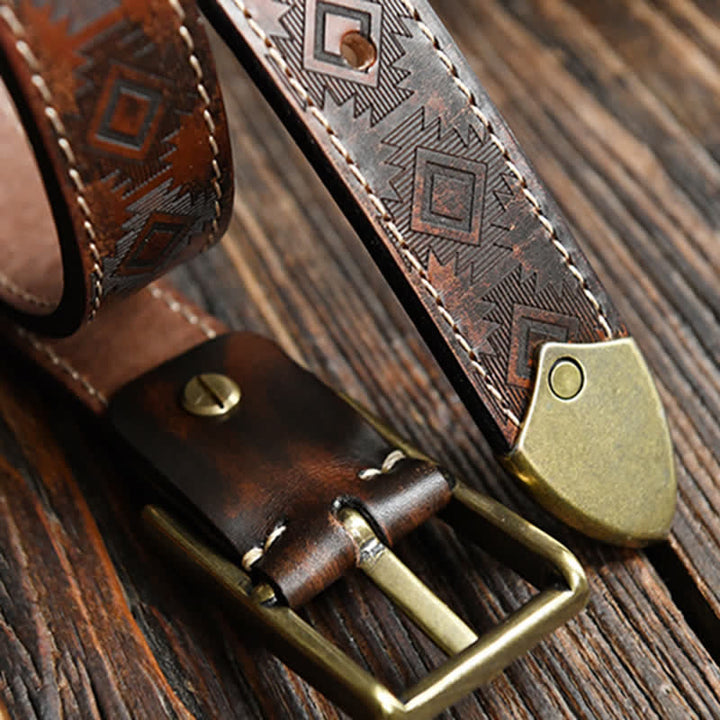 Men's Western Geometric Pattern Leather Belt - image 10