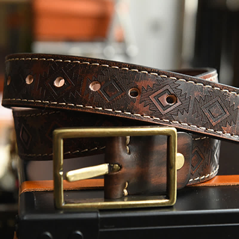 Men's Western Geometric Pattern Leather Belt - image 9