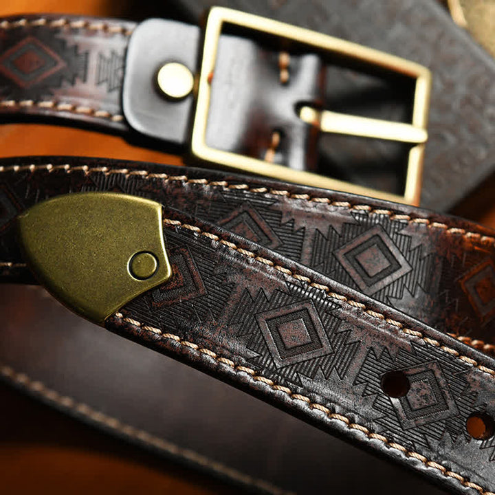 Men's Western Geometric Pattern Leather Belt - image 5
