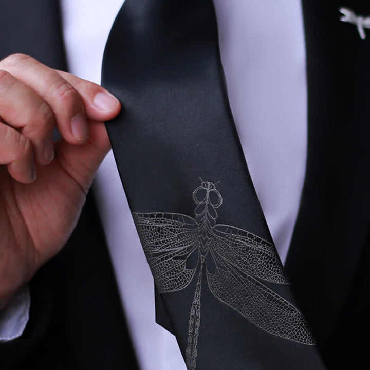 Men's Gentleman Dragonfly Pattern Black Necktie - image 3
