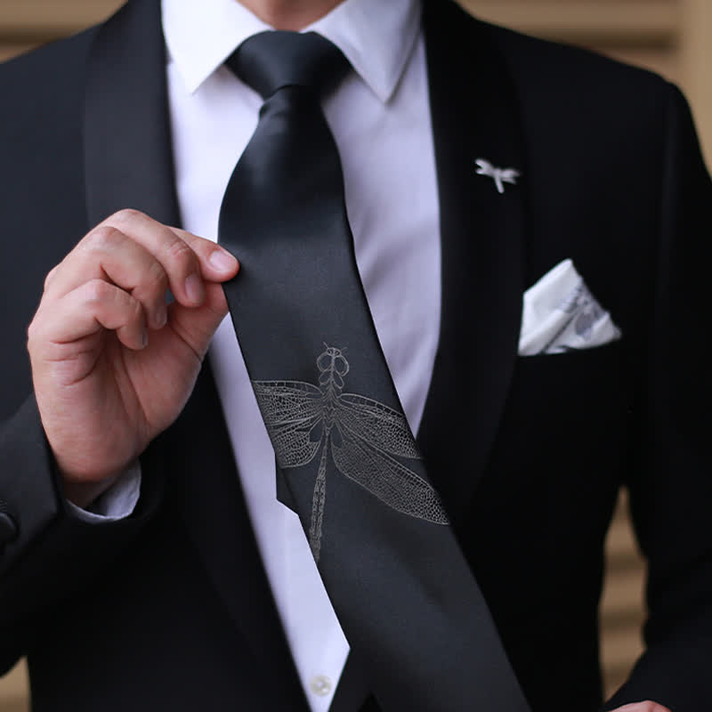 Men's Gentleman Dragonfly Pattern Black Necktie - image 2