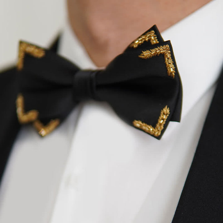 Men's Gold Wheat Embellishment Black Bow Tie - image 0