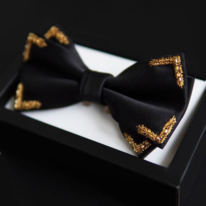 Men's Gold Wheat Embellishment Black Bow Tie - Black - image 1