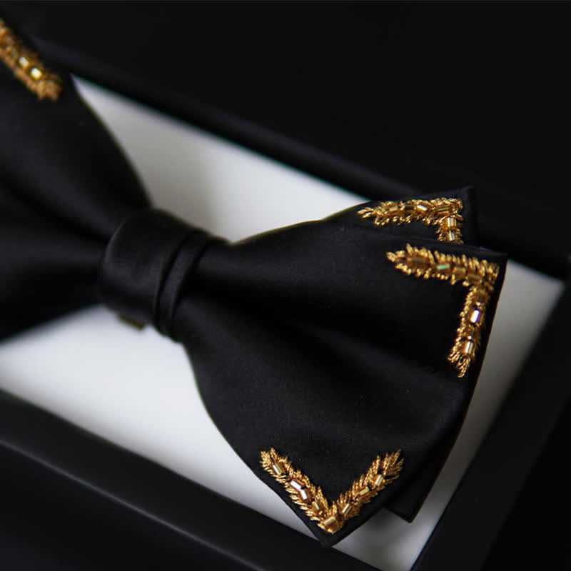Men's Gold Wheat Embellishment Black Bow Tie - image 4