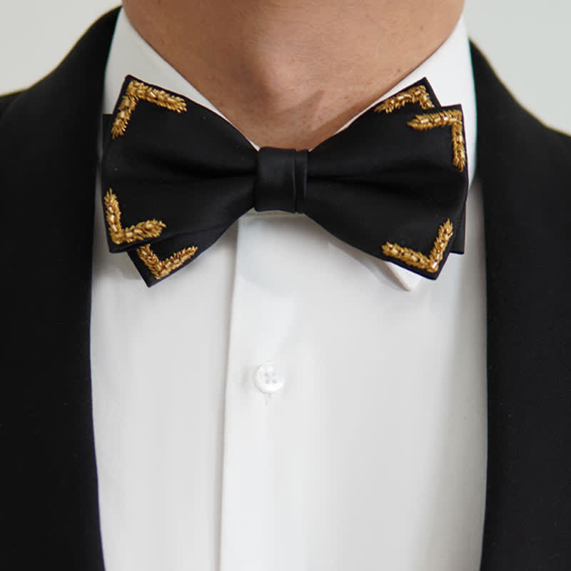 Men's Gold Wheat Embellishment Black Bow Tie - image 2