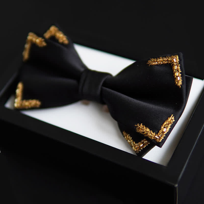 Men's Gold Wheat Embellishment Black Bow Tie - Black - image 1