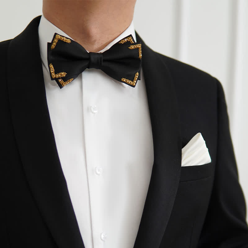 Men's Gold Wheat Embellishment Black Bow Tie - image 5