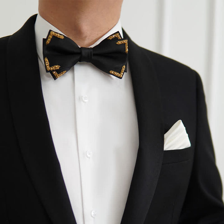 Men's Gold Wheat Embellishment Black Bow Tie - image 5