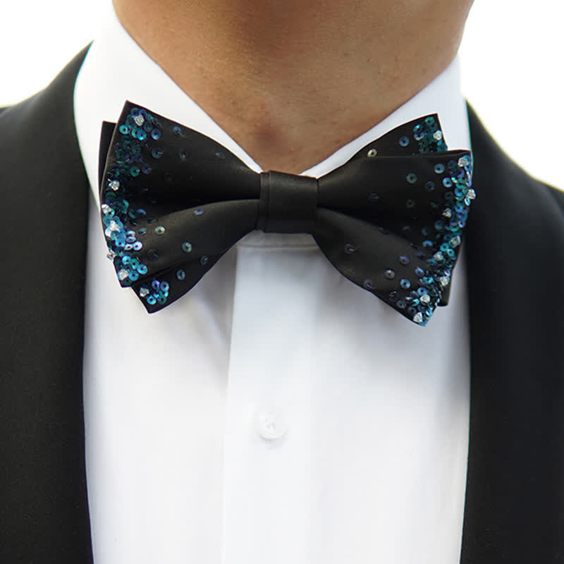 Men's Blue Shine Sequin Black Bow Tie - image 1